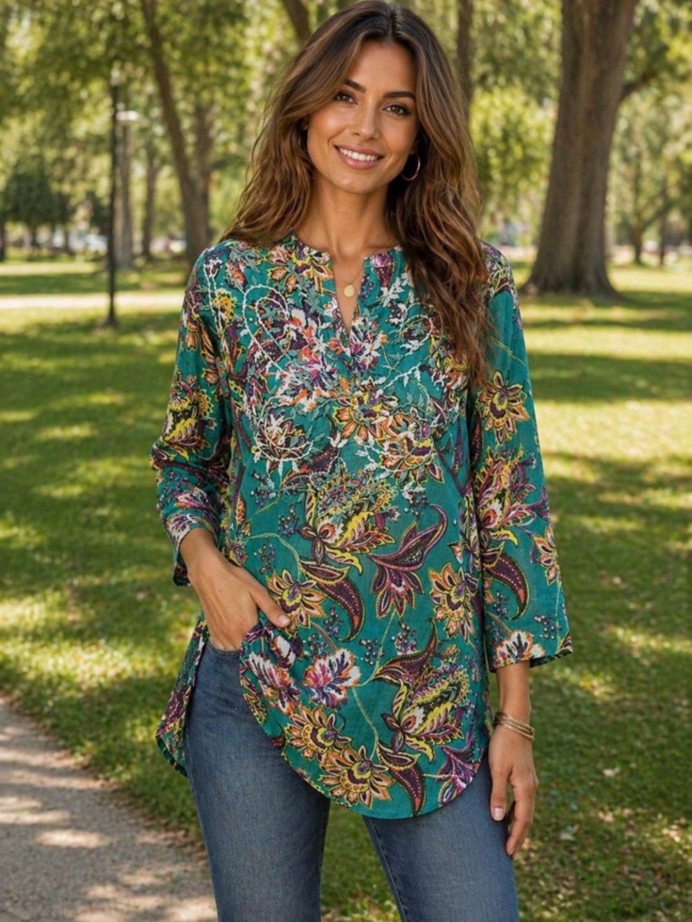 Raj Carlyle turquoise/multi printed embroidered tunic top